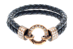 Genuine Leather Double Braided Round with Crystal Closure Bracelet, 19cm (7.5")
